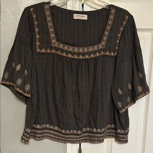 Lucky Brand Women's Charcoal Embroidered Blouse
